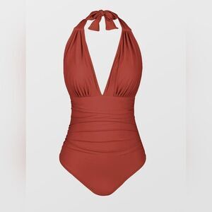 Cupshe brick red Deep V neck halter runched one piece swimsuit size medium